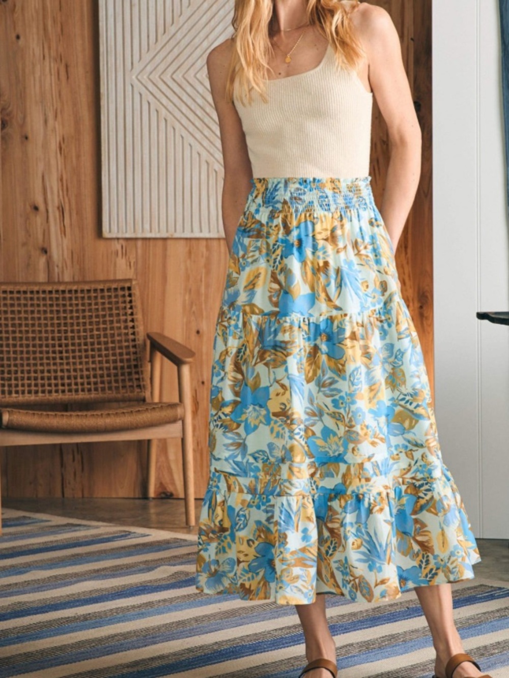Faherty Ivy Skirt Paradise Blossom Relaxed Fit Boho Romantic Summer Yellow Blue